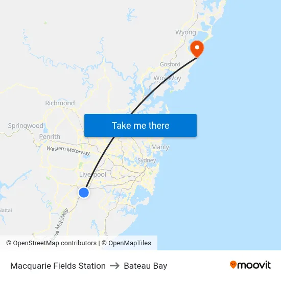 Macquarie Fields Station to Bateau Bay map