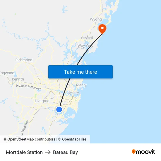 Mortdale Station to Bateau Bay map