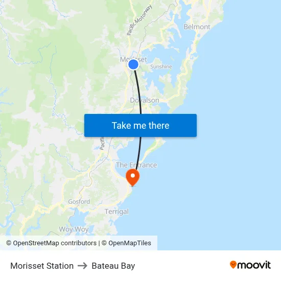 Morisset Station to Bateau Bay map