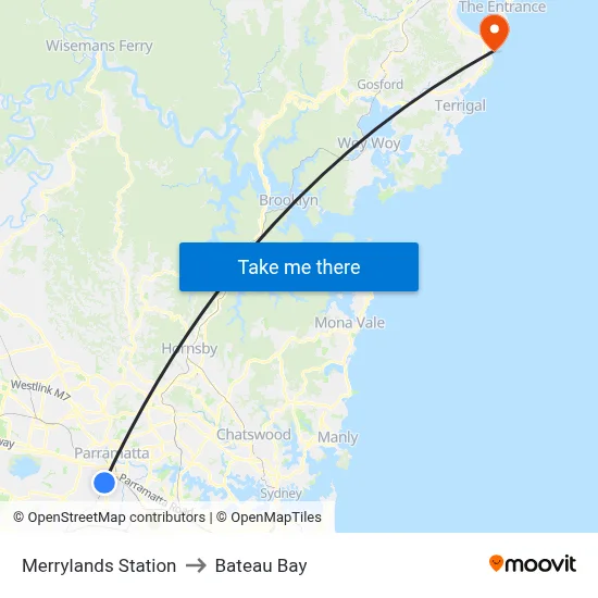 Merrylands Station to Bateau Bay map