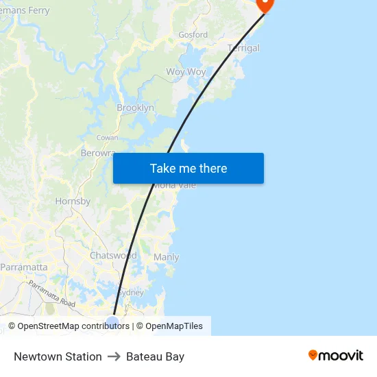Newtown Station to Bateau Bay map