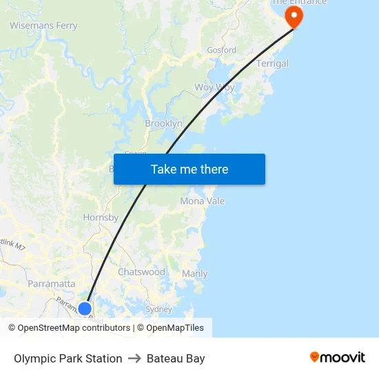 Olympic Park Station to Bateau Bay map