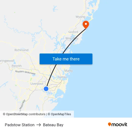 Padstow Station to Bateau Bay map