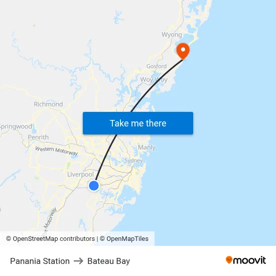 Panania Station to Bateau Bay map
