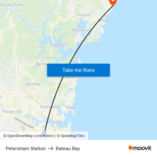 Petersham Station to Bateau Bay map
