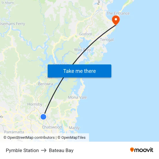 Pymble Station to Bateau Bay map