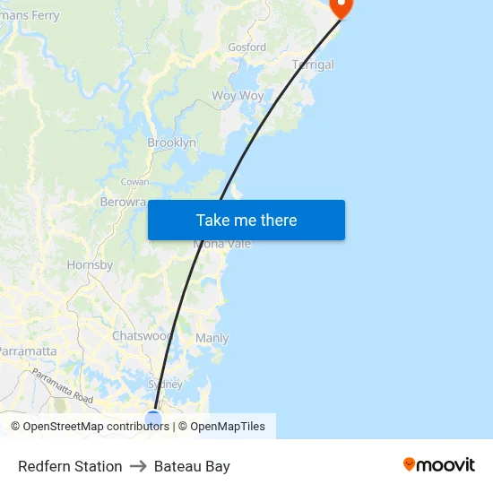 Redfern Station to Bateau Bay map