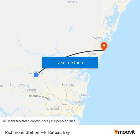 Richmond Station to Bateau Bay map