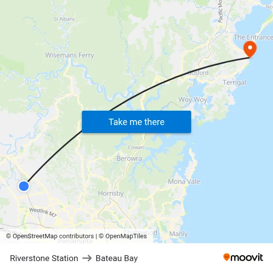 Riverstone Station to Bateau Bay map