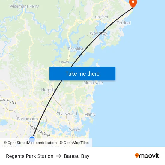 Regents Park Station to Bateau Bay map