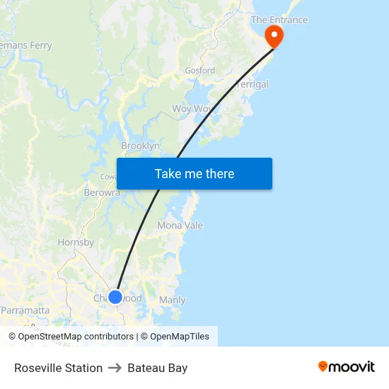 Roseville Station to Bateau Bay map