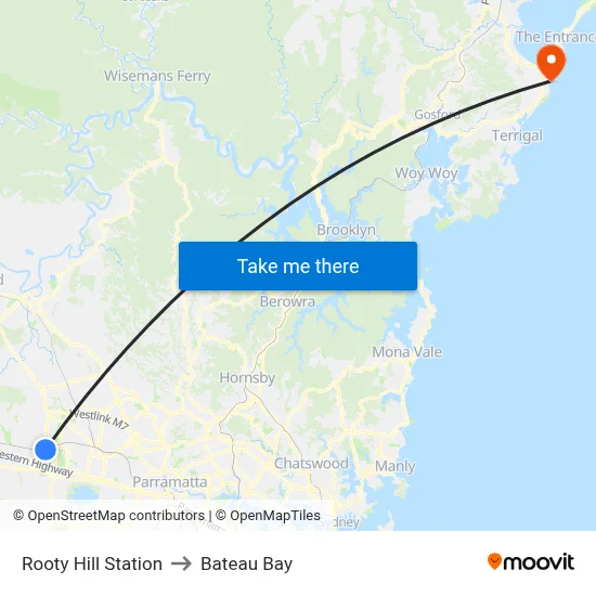 Rooty Hill Station to Bateau Bay map