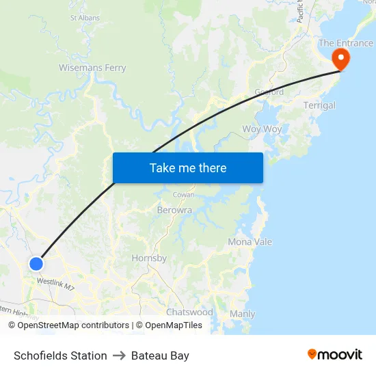 Schofields Station to Bateau Bay map