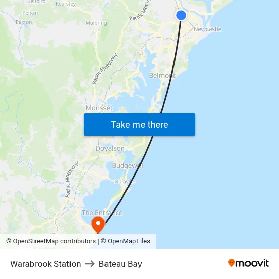 Warabrook Station to Bateau Bay map
