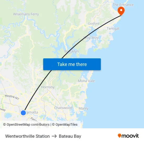 Wentworthville Station to Bateau Bay map