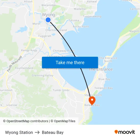 Wyong Station to Bateau Bay map