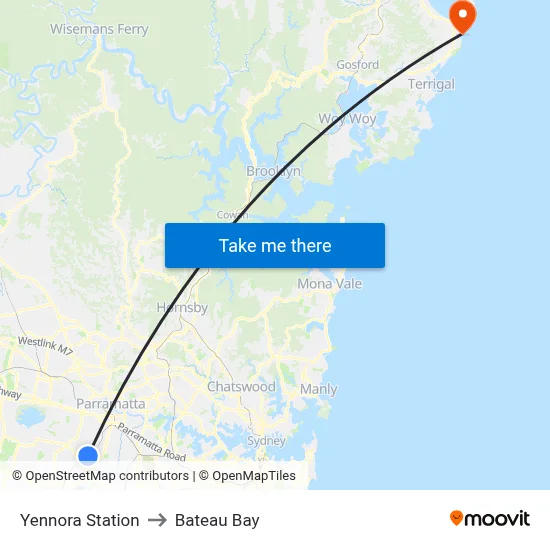 Yennora Station to Bateau Bay map
