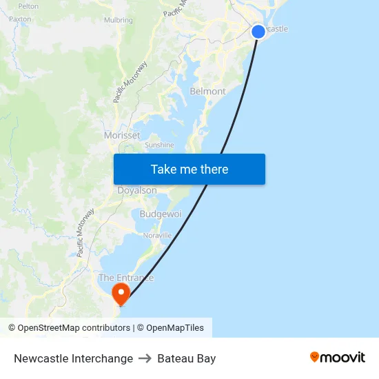 Newcastle Interchange to Bateau Bay map