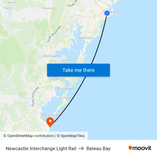 Newcastle Interchange Light Rail to Bateau Bay map