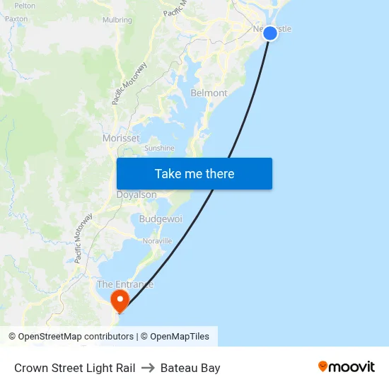 Crown Street Light Rail to Bateau Bay map