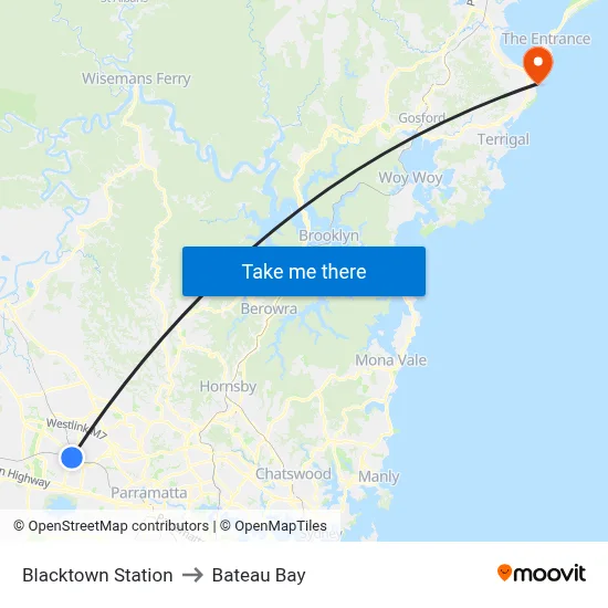 Blacktown Station to Bateau Bay map
