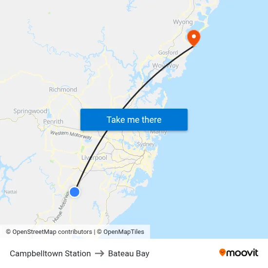 Campbelltown Station to Bateau Bay map