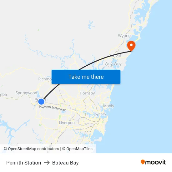 Penrith Station to Bateau Bay map
