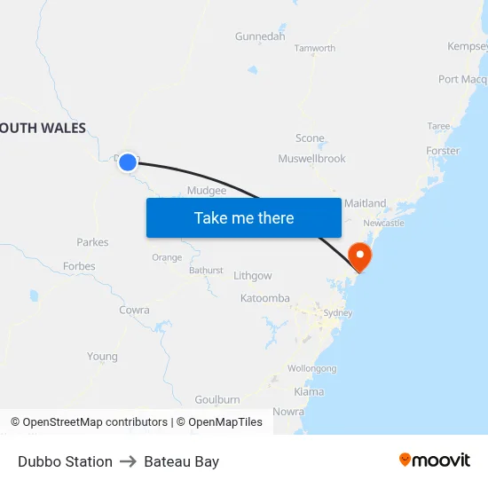 Dubbo Station to Bateau Bay map
