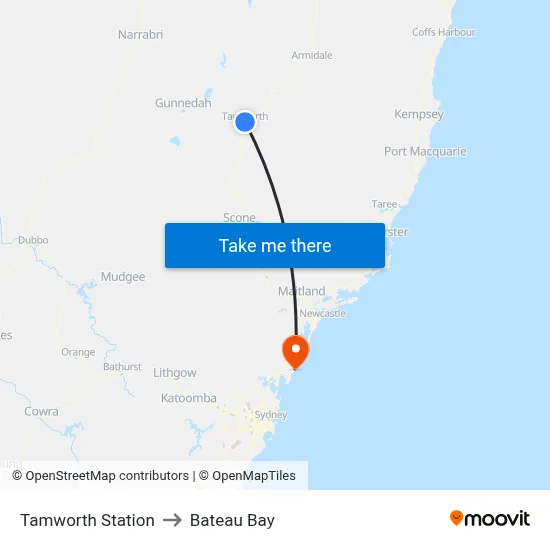 Tamworth Station to Bateau Bay map