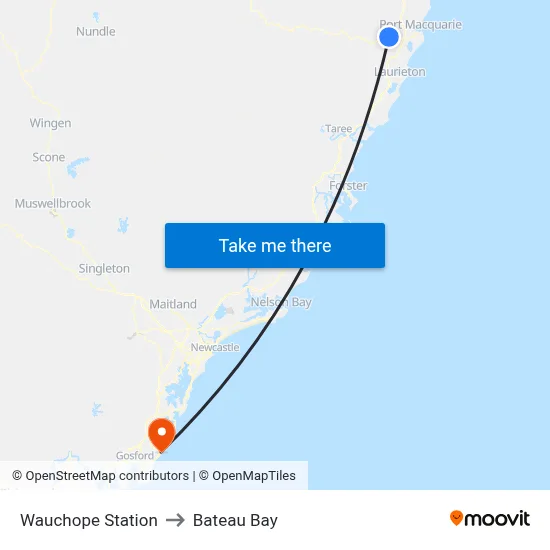Wauchope Station to Bateau Bay map