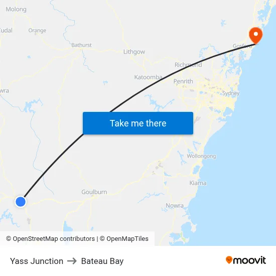 Yass Junction to Bateau Bay map