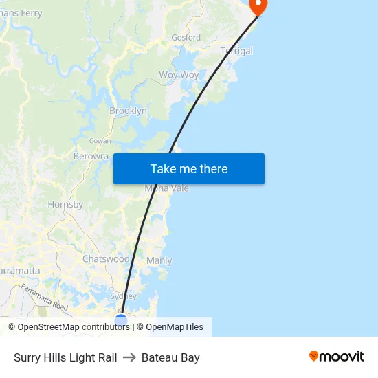 Surry Hills Light Rail to Bateau Bay map