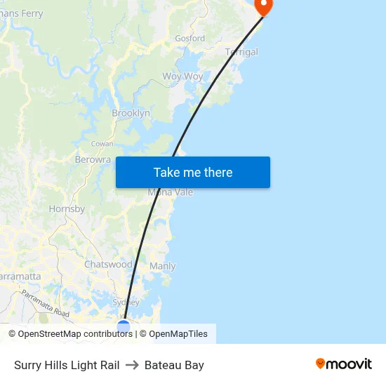 Surry Hills Light Rail to Bateau Bay map