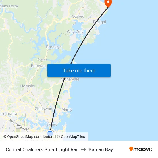 Central Chalmers Street Light Rail to Bateau Bay map