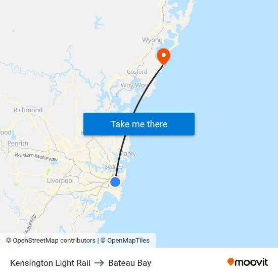 Kensington Light Rail to Bateau Bay map