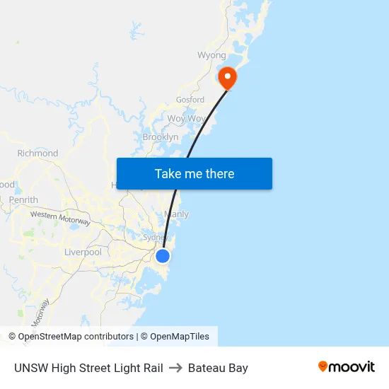 UNSW High Street Light Rail to Bateau Bay map