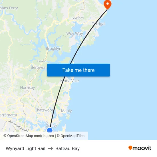 Wynyard Light Rail to Bateau Bay map
