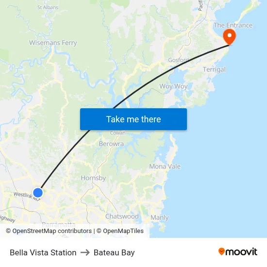 Bella Vista Station to Bateau Bay map