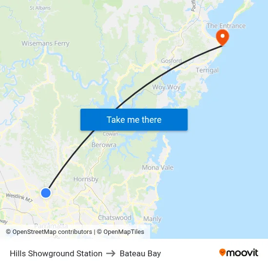 Hills Showground Station to Bateau Bay map