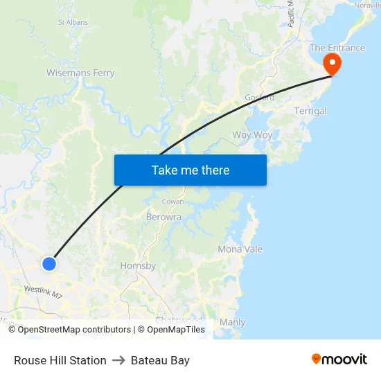 Rouse Hill Station to Bateau Bay map