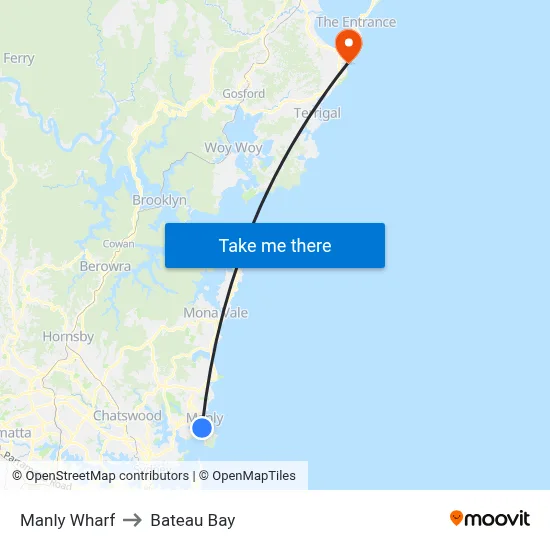 Manly Wharf to Bateau Bay map
