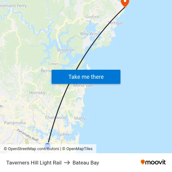 Taverners Hill Light Rail to Bateau Bay map