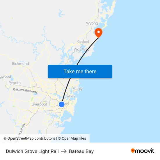 Dulwich Grove Light Rail to Bateau Bay map