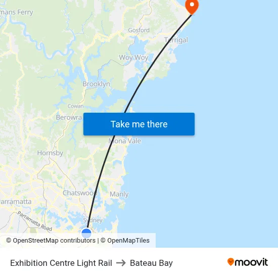 Exhibition Centre Light Rail to Bateau Bay map