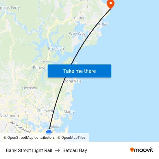 Bank Street Light Rail to Bateau Bay map