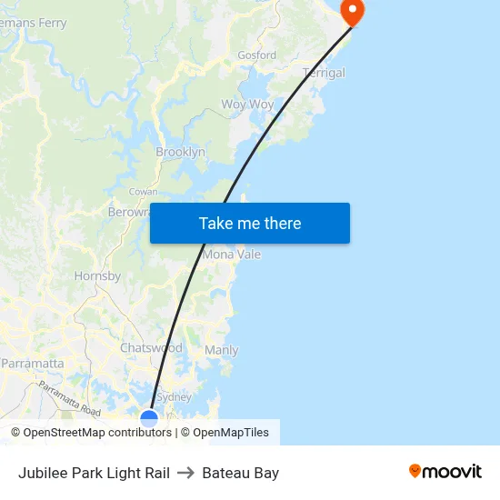 Jubilee Park Light Rail to Bateau Bay map