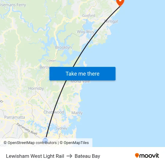 Lewisham West Light Rail to Bateau Bay map