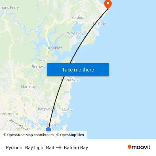 Pyrmont Bay Light Rail to Bateau Bay map