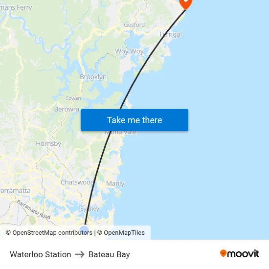 Waterloo Station to Bateau Bay map