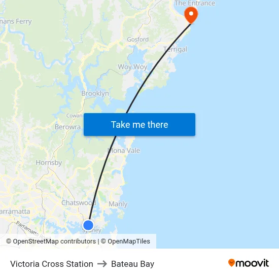 Victoria Cross Station to Bateau Bay map
